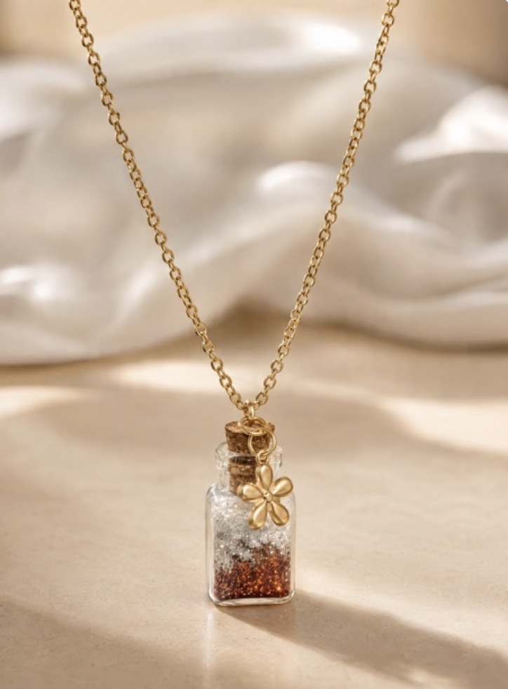 Gold bottle necklace with white and copper glitter and flower charm