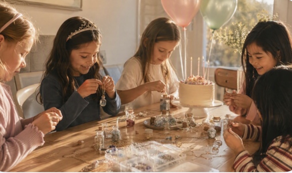 Children making fairy necklaces at a birthday party