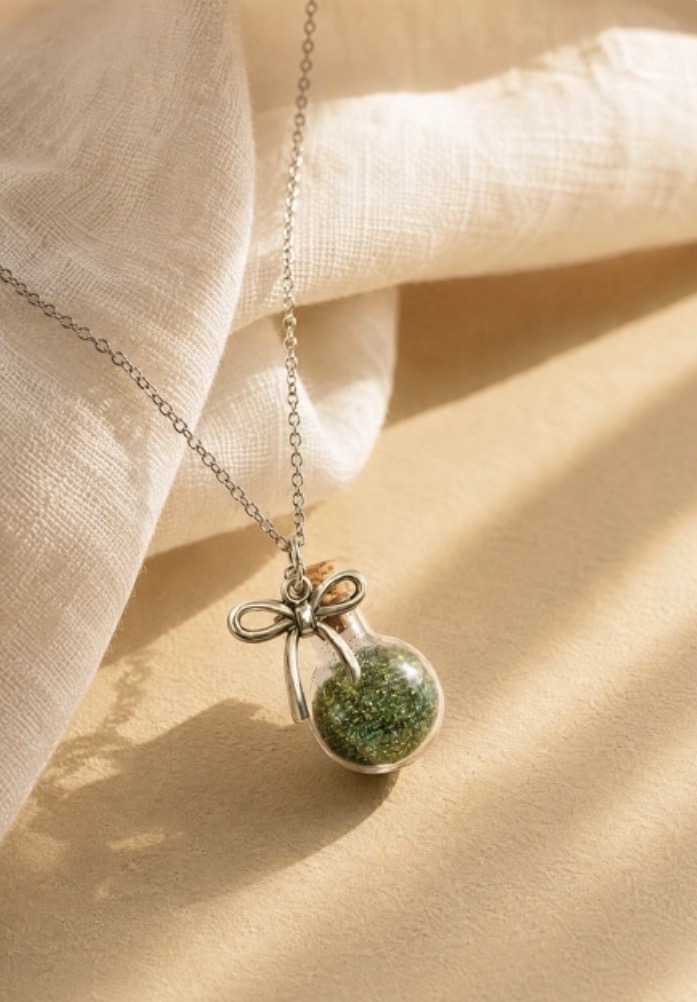 Silver bow charm necklace with green crystal bottle